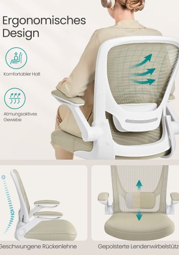 SONGMICS Kontorsstol, Skrivbordsstol i n&auml;t, Ergonomisk datorstol, Svankst&ouml;d, Gungfunktion, Sittbredd 53 cm, Uppf&auml;llbart armst&ouml;d, Havrebeige OBN037K02