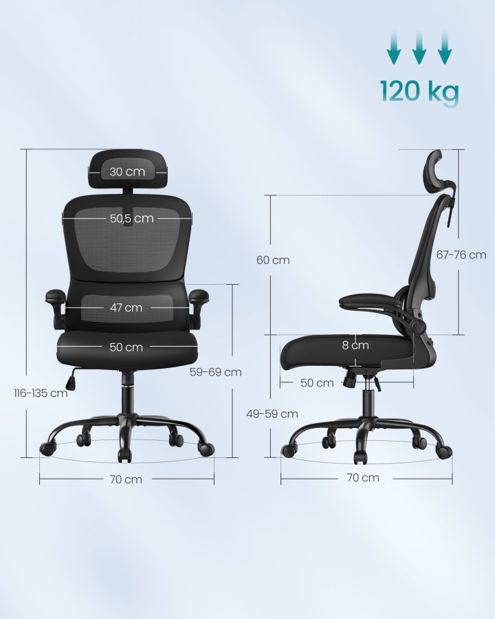 SONGMICS kontorsstol, ergonomisk n&auml;tskrivbordsstol, med dubbelt lager av andningsbart n&auml;ttyg, dynamiskt l&auml;ndryggsst&ouml;d, justerbart nackst&ouml;d, f&ouml;r hemmakontor, bl&auml;cksvart OBN041B01