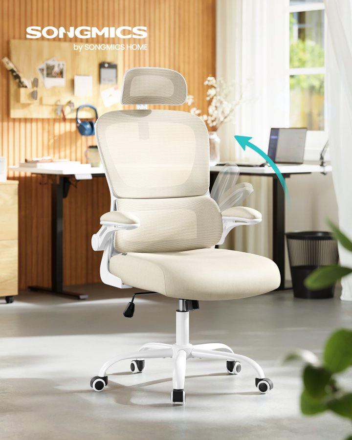SONGMICS kontorsstol, ergonomisk n&auml;tskrivbordsstol, med dubbelt lager av andningsbart n&auml;ttyg, dynamiskt l&auml;ndryggsst&ouml;d, justerbart nackst&ouml;d, f&ouml;r hemmakontor, sandbeige OBN041L01