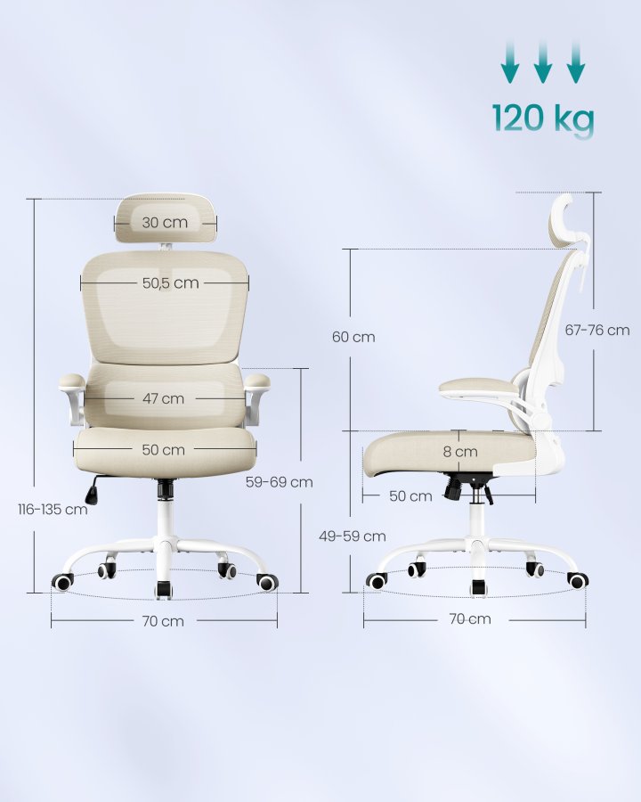 SONGMICS kontorsstol, ergonomisk n&auml;tskrivbordsstol, med dubbelt lager av andningsbart n&auml;ttyg, dynamiskt l&auml;ndryggsst&ouml;d, justerbart nackst&ouml;d, f&ouml;r hemmakontor, sandbeige OBN041L01