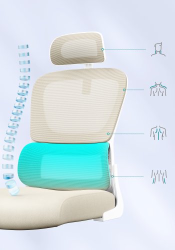SONGMICS kontorsstol, ergonomisk n&auml;tskrivbordsstol, med dubbelt lager av andningsbart n&auml;ttyg, dynamiskt l&auml;ndryggsst&ouml;d, justerbart nackst&ouml;d, f&ouml;r hemmakontor, sandbeige OBN041L01