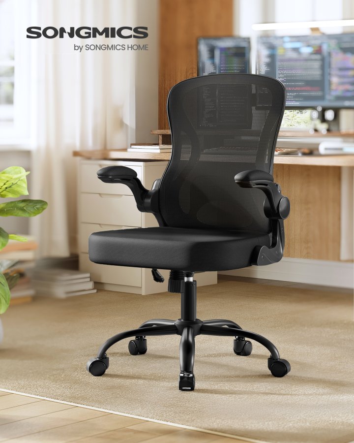 SONGMICS Ergonomisk kontorsstol, Snurrande n&auml;tskrivbordsstol, Svankst&ouml;d, Lutningsfunktion, Uppf&auml;llbart armst&ouml;d, F&ouml;r kontor, Sovrum, Bl&auml;cksvart OBN042BH02