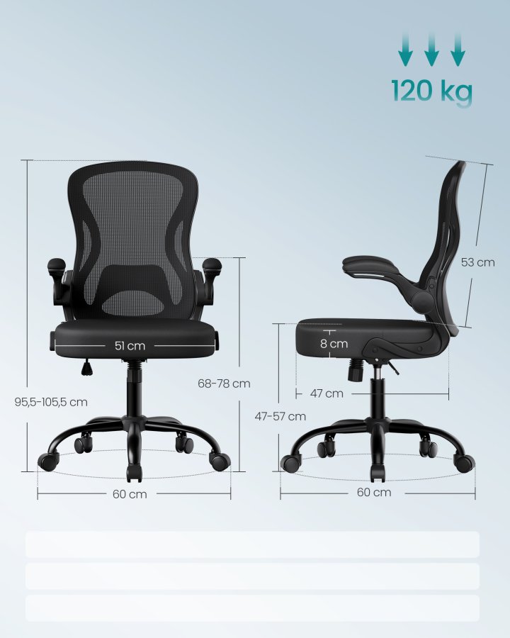 SONGMICS Ergonomisk kontorsstol, Snurrande n&auml;tskrivbordsstol, Svankst&ouml;d, Lutningsfunktion, Uppf&auml;llbart armst&ouml;d, F&ouml;r kontor, Sovrum, Bl&auml;cksvart OBN042BH02