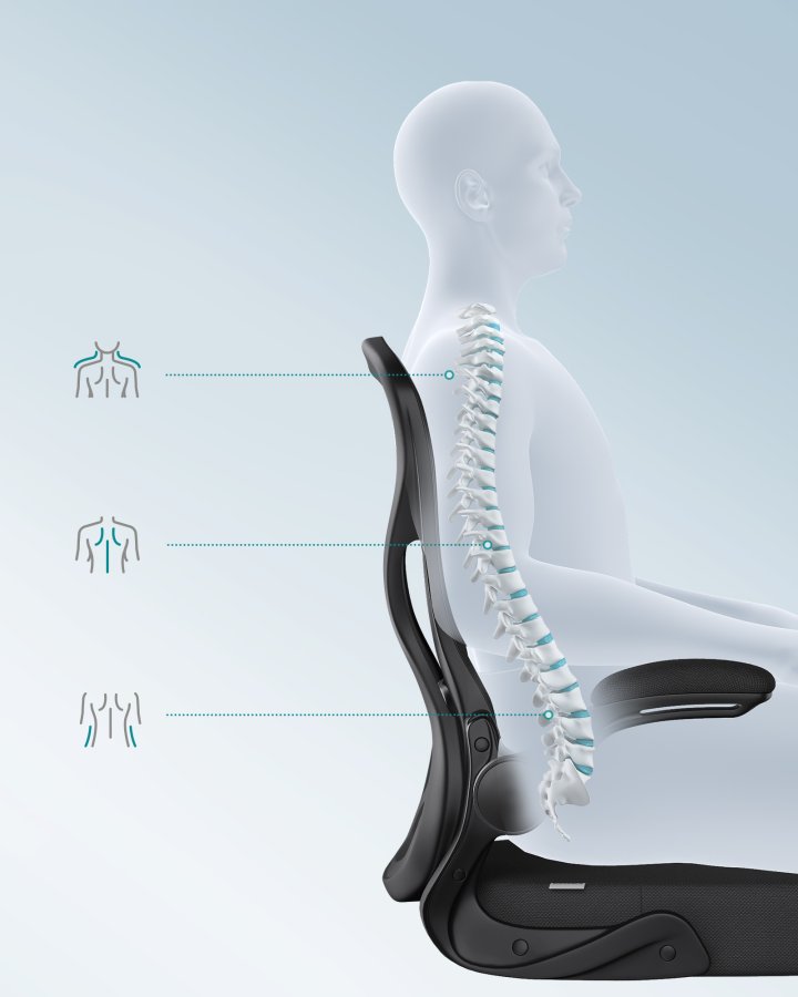SONGMICS Ergonomisk kontorsstol, Snurrande n&auml;tskrivbordsstol, Svankst&ouml;d, Lutningsfunktion, Uppf&auml;llbart armst&ouml;d, F&ouml;r kontor, Sovrum, Bl&auml;cksvart OBN042BH02