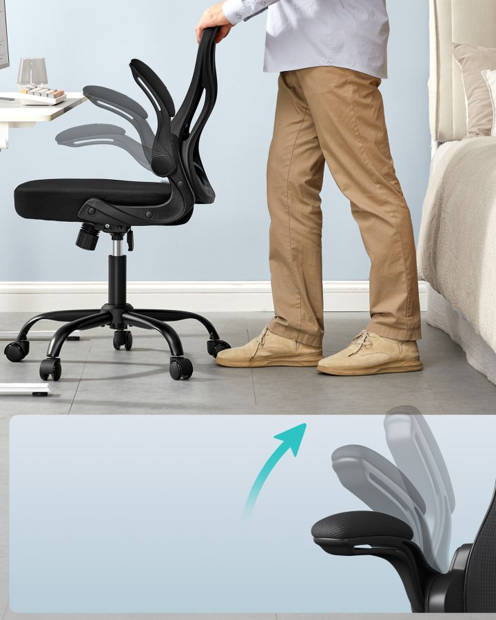 SONGMICS Ergonomisk kontorsstol, Snurrande n&auml;tskrivbordsstol, Svankst&ouml;d, Lutningsfunktion, Uppf&auml;llbart armst&ouml;d, F&ouml;r kontor, Sovrum, Bl&auml;cksvart OBN042BH02