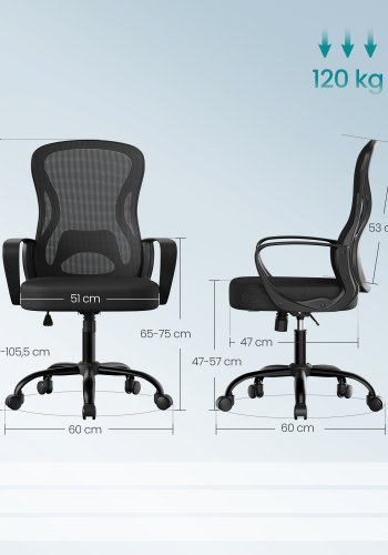 SONGMICS Ergonomisk Kontorsstol, Snurrf�t&ouml;lj med L&auml;ndryggsst&ouml;d, Armst&ouml;d, Kontor och Sovrum, Svart Bl&auml;ck OBN043BH02
