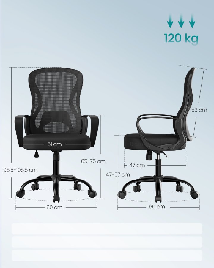 SONGMICS Ergonomisk Kontorsstol, Snurrf�t&ouml;lj med L&auml;ndryggsst&ouml;d, Armst&ouml;d, Kontor och Sovrum, Svart Bl&auml;ck OBN043BH02