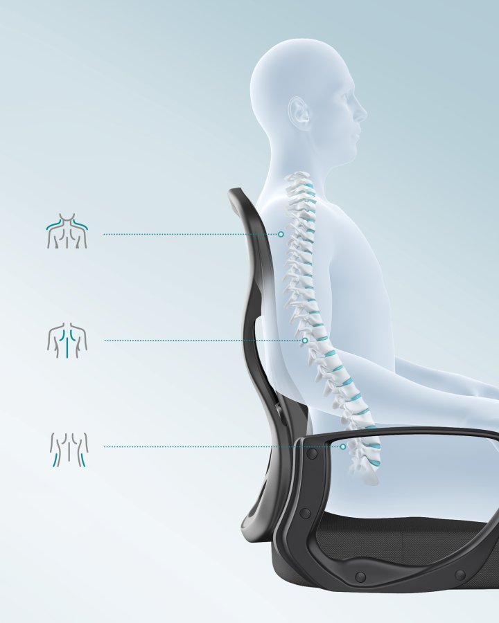 SONGMICS Ergonomisk Kontorsstol, Snurrf�t&ouml;lj med L&auml;ndryggsst&ouml;d, Armst&ouml;d, Kontor och Sovrum, Svart Bl&auml;ck OBN043BH02