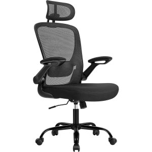 SONGMICS Kontorsstol Ergonomisk Skrivbordsstol Snurrstol med Mesh Vadderad L&auml;ndryggsst&ouml;d Tiltfunktion 53 cm Sits F&auml;llbara Armst&ouml;d Nackst&ouml;d Bl&auml;cksvart OBN047B01