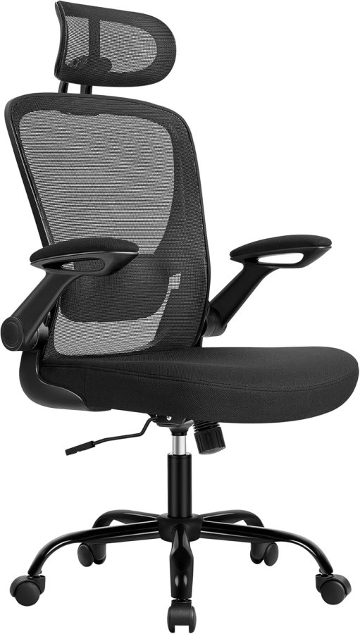 SONGMICS Kontorsstol Ergonomisk Skrivbordsstol Snurrstol med Mesh Vadderad L&auml;ndryggsst&ouml;d Tiltfunktion 53 cm Sits F&auml;llbara Armst&ouml;d Nackst&ouml;d Bl&auml;cksvart OBN047B01