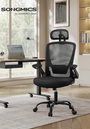 SONGMICS OBN047B01 ergonomisk  kontorstol, m. foldbare arml�n, nakkest�tte, vippefunktion, drejefunktion, hjul - bl�ksort net og st�l