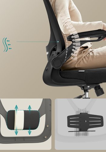 SONGMICS Kontorsstol Ergonomisk Skrivbordsstol Snurrstol med Mesh Vadderad L&auml;ndryggsst&ouml;d Tiltfunktion 53 cm Sits F&auml;llbara Armst&ouml;d Nackst&ouml;d Bl&auml;cksvart OBN047B01