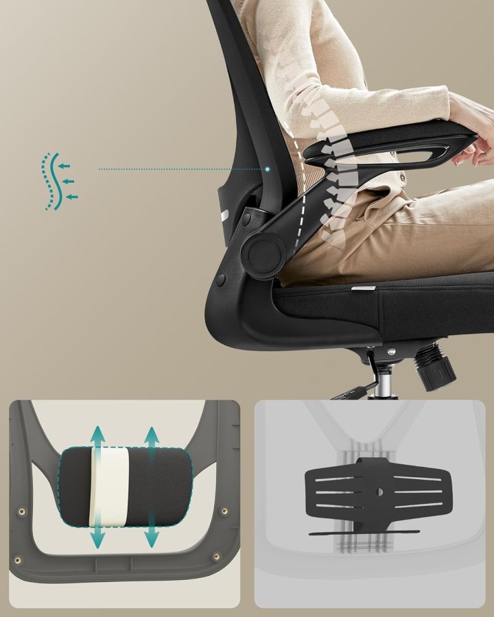 SONGMICS Kontorsstol Ergonomisk Skrivbordsstol Snurrstol med Mesh Vadderad L&auml;ndryggsst&ouml;d Tiltfunktion 53 cm Sits F&auml;llbara Armst&ouml;d Nackst&ouml;d Bl&auml;cksvart OBN047B01
