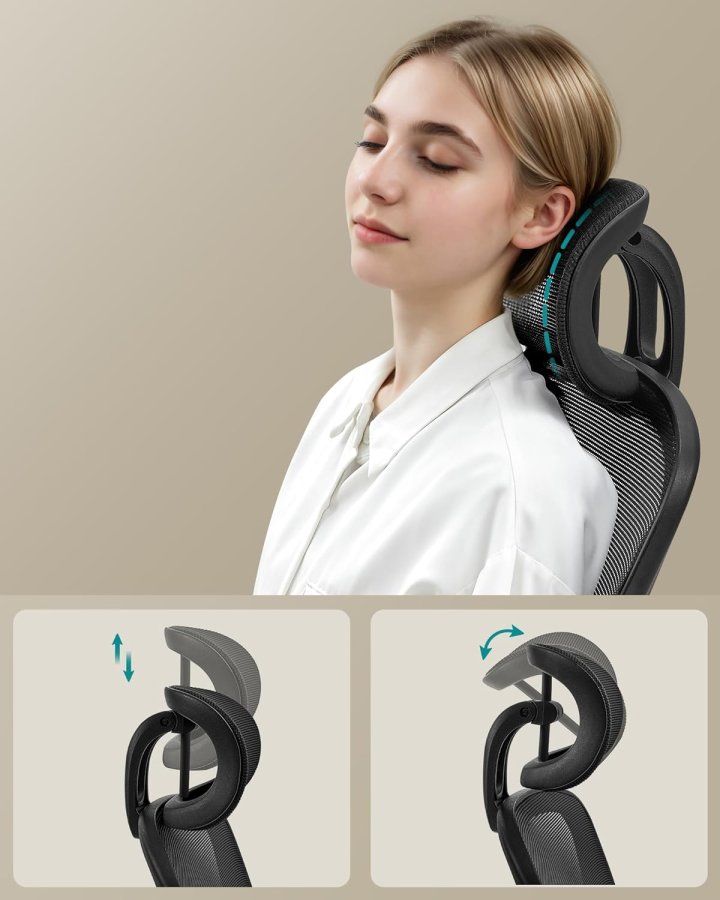 SONGMICS Kontorsstol Ergonomisk Skrivbordsstol Snurrstol med Mesh Vadderad L&auml;ndryggsst&ouml;d Tiltfunktion 53 cm Sits F&auml;llbara Armst&ouml;d Nackst&ouml;d Bl&auml;cksvart OBN047B01