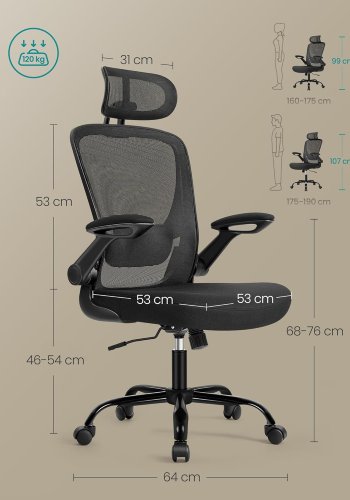 SONGMICS Kontorsstol Ergonomisk Skrivbordsstol Snurrstol med Mesh Vadderad L&auml;ndryggsst&ouml;d Tiltfunktion 53 cm Sits F&auml;llbara Armst&ouml;d Nackst&ouml;d Bl&auml;cksvart OBN047B01