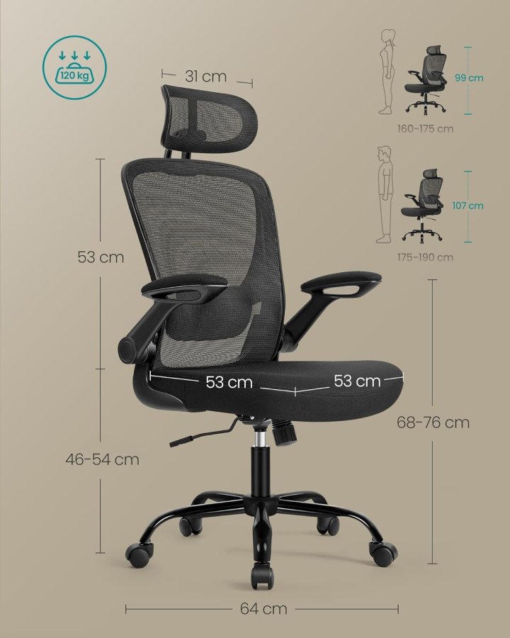 SONGMICS Kontorsstol Ergonomisk Skrivbordsstol Snurrstol med Mesh Vadderad L&auml;ndryggsst&ouml;d Tiltfunktion 53 cm Sits F&auml;llbara Armst&ouml;d Nackst&ouml;d Bl&auml;cksvart OBN047B01