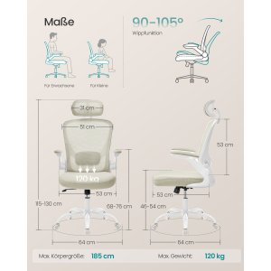 SONGMICS Kontorsstol, Snurrstol i n&auml;t, Ergonomisk svank- och nackst&ouml;d, Lutningsfunktion, Bred sits, Hopf&auml;llbara armst&ouml;d, F&ouml;r kontorssovrum, Cappuccino Beige OBN047K01
