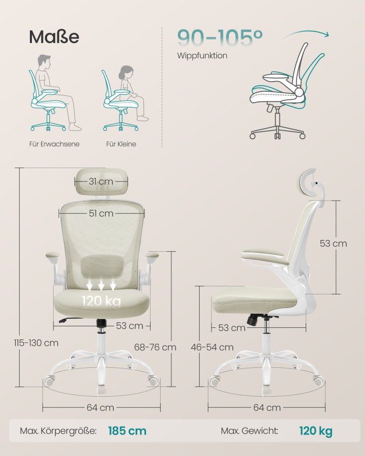 SONGMICS Kontorsstol, Snurrstol i n&auml;t, Ergonomisk svank- och nackst&ouml;d, Lutningsfunktion, Bred sits, Hopf&auml;llbara armst&ouml;d, F&ouml;r kontorssovrum, Cappuccino Beige OBN047K01