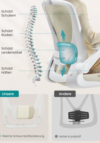 SONGMICS Kontorsstol, Snurrstol i n&auml;t, Ergonomisk svank- och nackst&ouml;d, Lutningsfunktion, Bred sits, Hopf&auml;llbara armst&ouml;d, F&ouml;r kontorssovrum, Cappuccino Beige OBN047K01