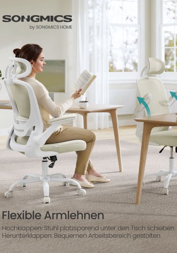 SONGMICS Kontorsstol, Snurrstol i n&auml;t, Ergonomisk svank- och nackst&ouml;d, Lutningsfunktion, Bred sits, Hopf&auml;llbara armst&ouml;d, F&ouml;r kontorssovrum, Cappuccino Beige OBN047K01