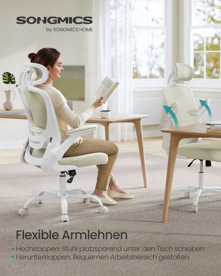 SONGMICS Kontorsstol, Snurrstol i n&auml;t, Ergonomisk svank- och nackst&ouml;d, Lutningsfunktion, Bred sits, Hopf&auml;llbara armst&ouml;d, F&ouml;r kontorssovrum, Cappuccino Beige OBN047K01