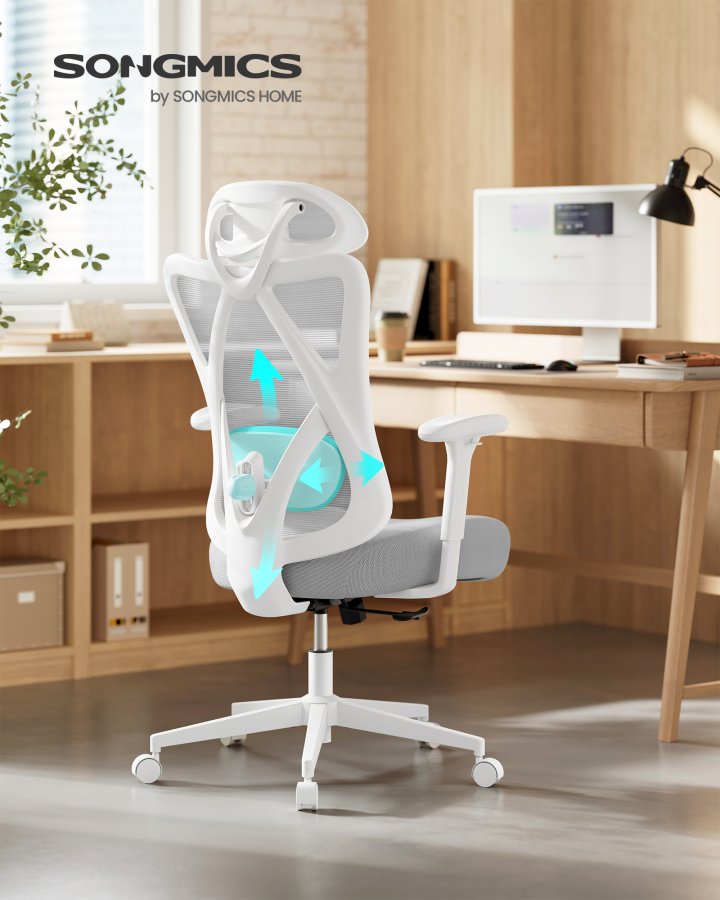 SONGMICS Ergonomisk kontorsstol, Skrivbordsstol, Datorstol, N&auml;tstol, Justerbar l&auml;ndryggs- och nackkudde, B&auml;rkapacitet upp till 150 kg, H&ouml;jdjusterbar, Cappuccino Beige OBN063GD02