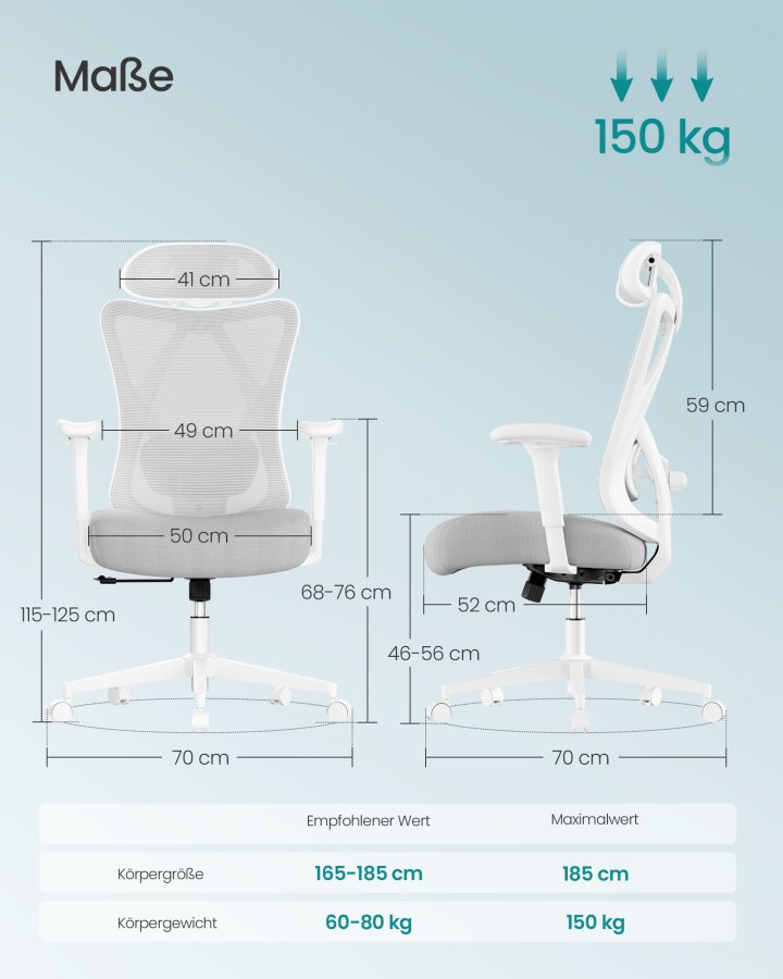 SONGMICS Ergonomisk kontorsstol, Skrivbordsstol, Datorstol, N&auml;tstol, Justerbar l&auml;ndryggs- och nackkudde, B&auml;rkapacitet upp till 150 kg, H&ouml;jdjusterbar, Cappuccino Beige OBN063GD02