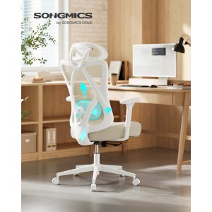 SONGMICS Ergonomisk kontorsstol, Skrivbordsstol, Datorstol, N&auml;tstol, Justerbar l&auml;ndryggs- och nackkudde, B&auml;rkapacitet upp till 150 kg, H&ouml;jdjusterbar, Cappuccino Beige OBN063LH01