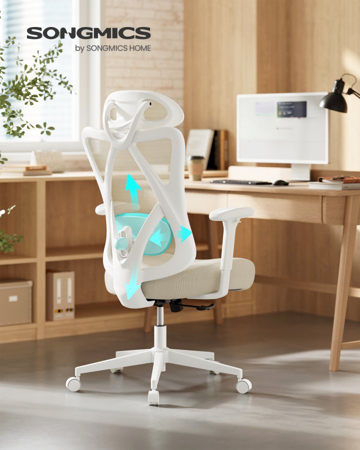 SONGMICS Ergonomisk kontorsstol, Skrivbordsstol, Datorstol, N&auml;tstol, Justerbar l&auml;ndryggs- och nackkudde, B&auml;rkapacitet upp till 150 kg, H&ouml;jdjusterbar, Cappuccino Beige OBN063LH01