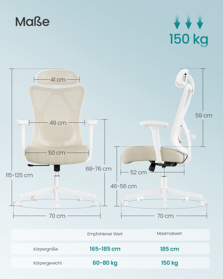 SONGMICS Ergonomisk kontorsstol, Skrivbordsstol, Datorstol, N&auml;tstol, Justerbar l&auml;ndryggs- och nackkudde, B&auml;rkapacitet upp till 150 kg, H&ouml;jdjusterbar, Cappuccino Beige OBN063LH01