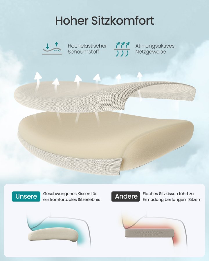 SONGMICS Ergonomisk kontorsstol, Skrivbordsstol, Datorstol, N&auml;tstol, Justerbar l&auml;ndryggs- och nackkudde, B&auml;rkapacitet upp till 150 kg, H&ouml;jdjusterbar, Cappuccino Beige OBN063LH01