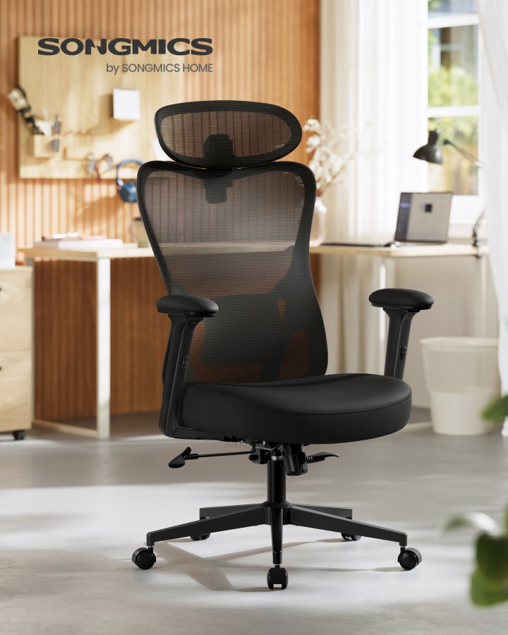 SONGMICS Ergonomisk kontorsstol, justerbart nackst&ouml;d och svankst&ouml;d, st&ouml;der upp till 150 kg, justerbar h&ouml;jd, bl&auml;cksvart OBN066BH01