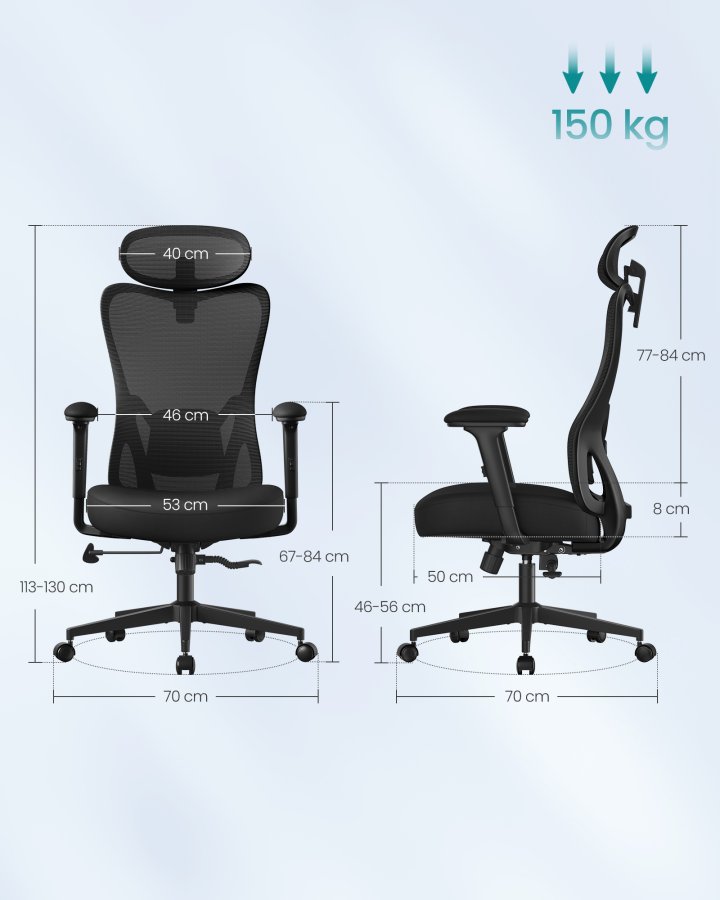 SONGMICS Ergonomisk kontorsstol, justerbart nackst&ouml;d och svankst&ouml;d, st&ouml;der upp till 150 kg, justerbar h&ouml;jd, bl&auml;cksvart OBN066BH01