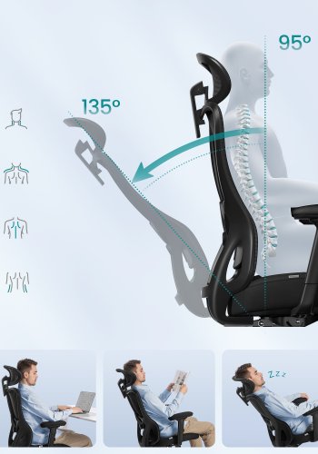 SONGMICS Ergonomisk kontorsstol, justerbart nackst&ouml;d och svankst&ouml;d, st&ouml;der upp till 150 kg, justerbar h&ouml;jd, bl&auml;cksvart OBN066BH01