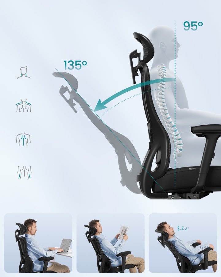 SONGMICS Ergonomisk kontorsstol, justerbart nackst&ouml;d och svankst&ouml;d, st&ouml;der upp till 150 kg, justerbar h&ouml;jd, bl&auml;cksvart OBN066BH01