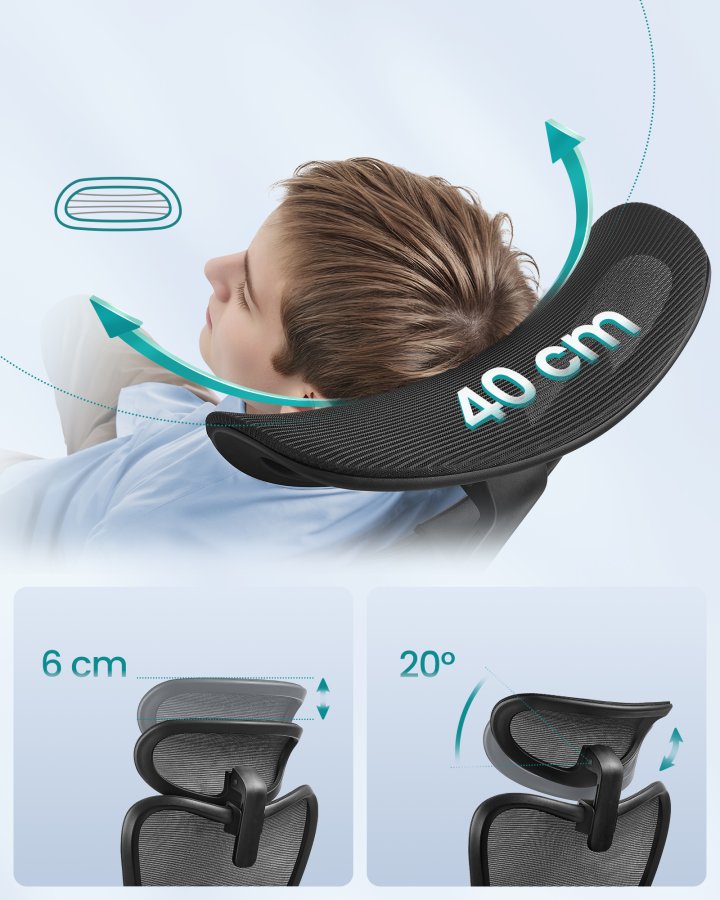 SONGMICS Ergonomisk kontorsstol, justerbart nackst&ouml;d och svankst&ouml;d, st&ouml;der upp till 150 kg, justerbar h&ouml;jd, bl&auml;cksvart OBN066BH01