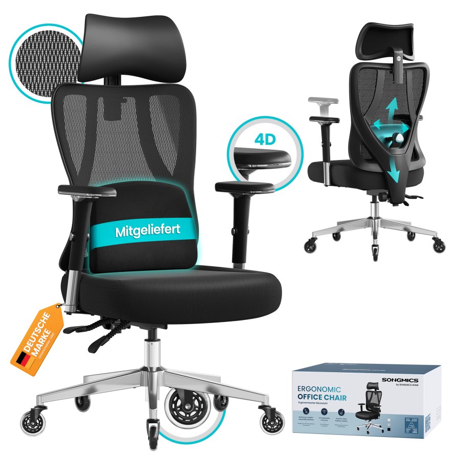 SONGMICS Ergonomisk Kontorsstol med Justerbart St&ouml;d, Bl&auml;cksvart, Artikelnummer: OBN067BH01