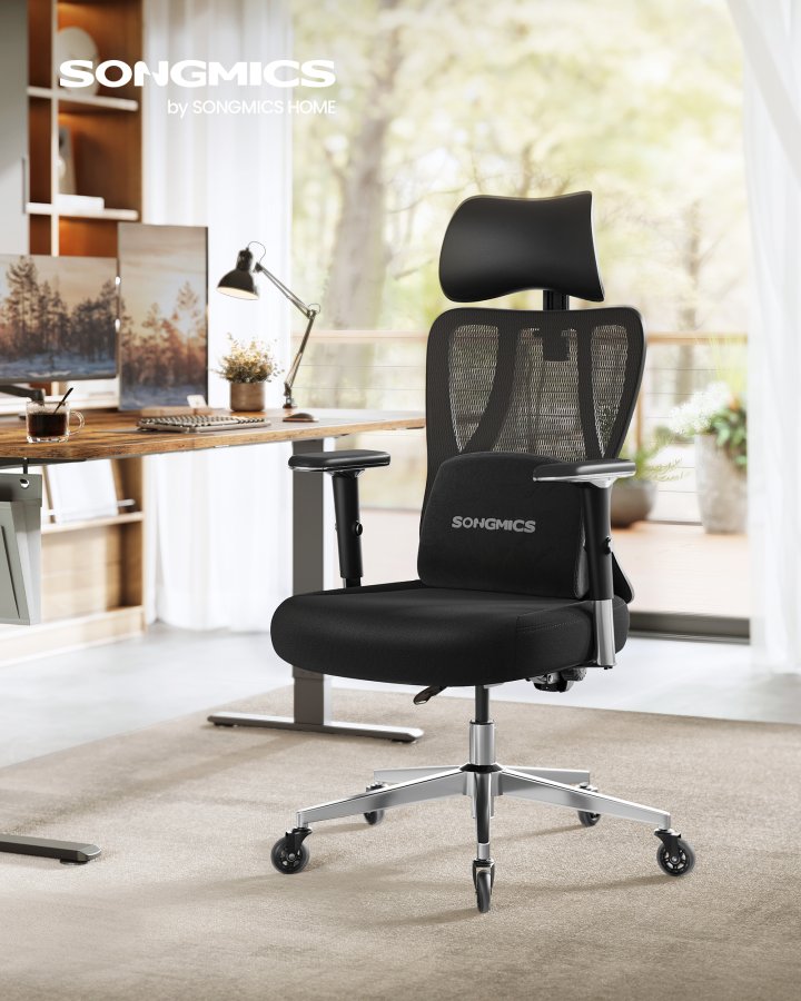 SONGMICS Ergonomisk Kontorsstol med Justerbart St&ouml;d, Bl&auml;cksvart, Artikelnummer: OBN067BH01
