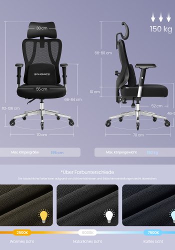 SONGMICS Ergonomisk Kontorsstol med Justerbart St&ouml;d, Bl&auml;cksvart, Artikelnummer: OBN067BH01