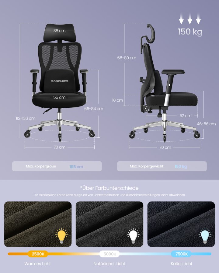 SONGMICS Ergonomisk Kontorsstol med Justerbart St&ouml;d, Bl&auml;cksvart, Artikelnummer: OBN067BH01