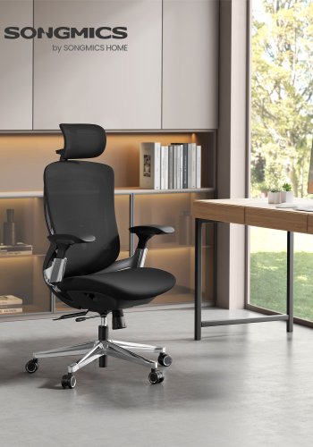 SONGMICS OBN068B01 ergonomisk kontorstol, m. arml�n, nakkest�tte, justerbar l�nefunktion, justerbar s�de foran eller bagp�, hjul - bl�ksort polyester og st�l