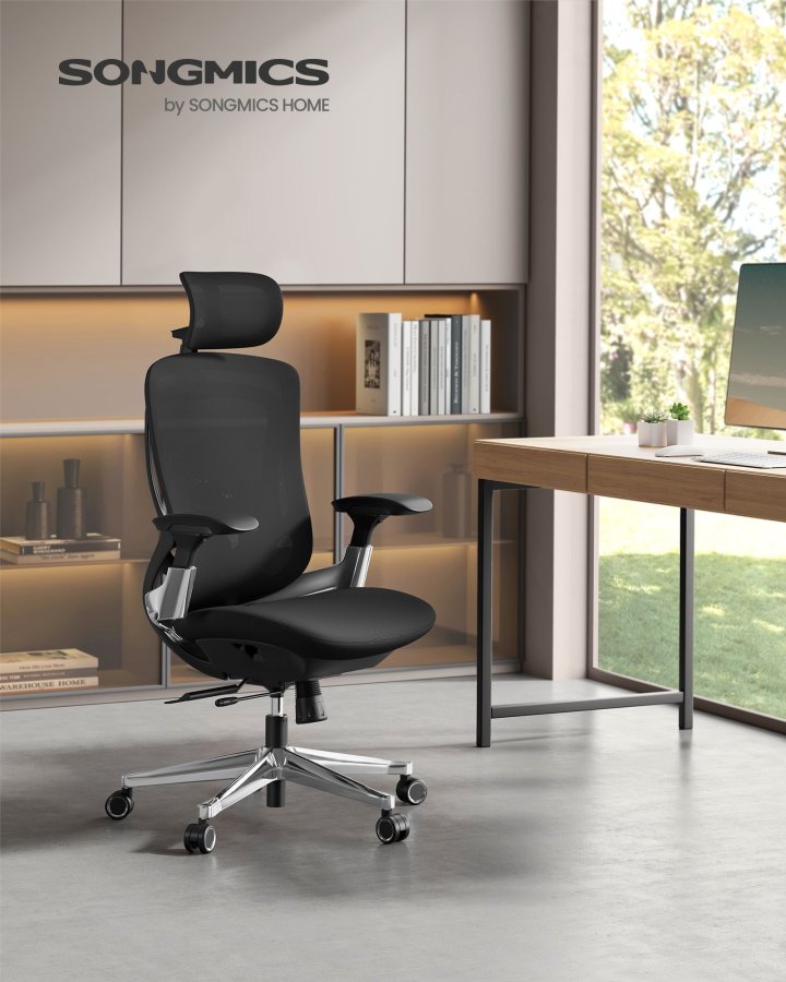 SONGMICS OBN068B01 Ergonomisk justerbar kontorsstol med justerbar lutningsfunktion - Justerbar sits fram eller bak - St&ouml;der upp till 150 kg - Bl&auml;cksvart