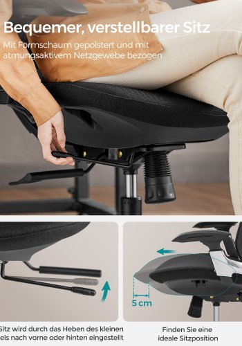 SONGMICS OBN068B01 ergonomisk kontorstol, m. arml�n, nakkest�tte, justerbar l�nefunktion, justerbar s�de foran eller bagp�, hjul - bl�ksort polyester og st�l