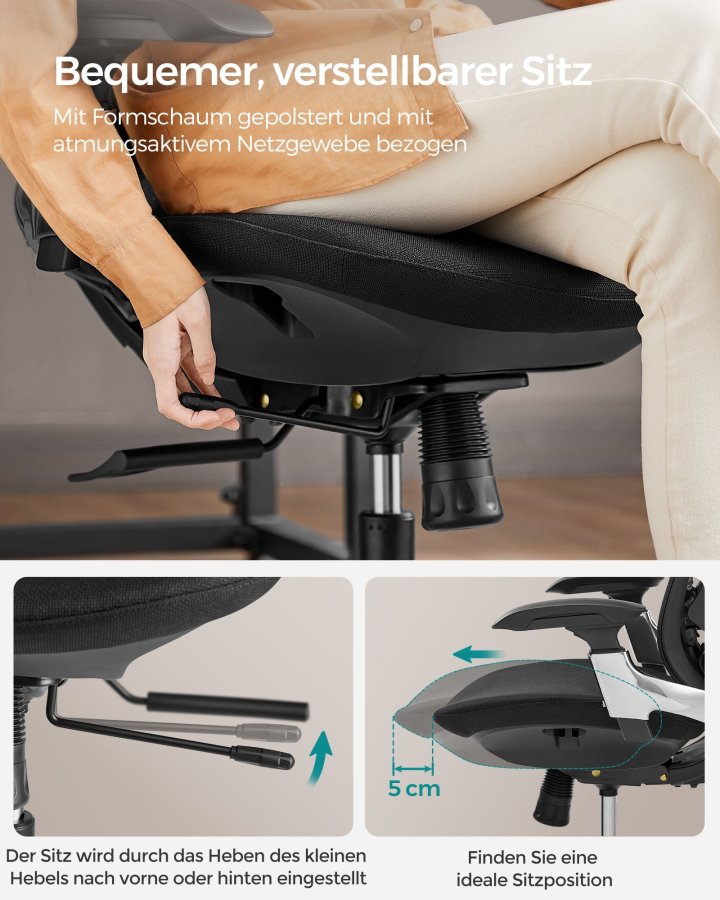 SONGMICS OBN068B01 Ergonomisk justerbar kontorsstol med justerbar lutningsfunktion - Justerbar sits fram eller bak - St&ouml;der upp till 150 kg - Bl&auml;cksvart