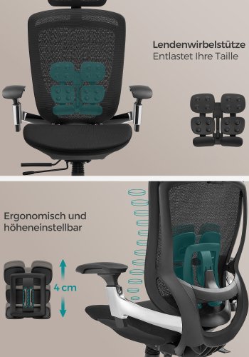 SONGMICS OBN068B01 Ergonomisk justerbar kontorsstol med justerbar lutningsfunktion - Justerbar sits fram eller bak - St&ouml;der upp till 150 kg - Bl&auml;cksvart