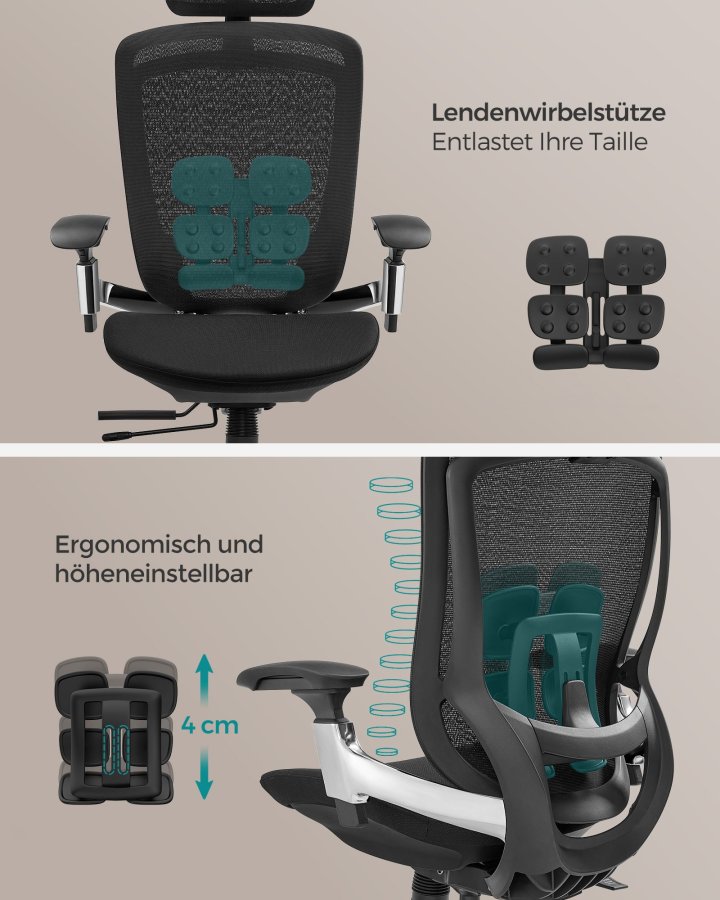 SONGMICS OBN068B01 Ergonomisk justerbar kontorsstol med justerbar lutningsfunktion - Justerbar sits fram eller bak - St&ouml;der upp till 150 kg - Bl&auml;cksvart