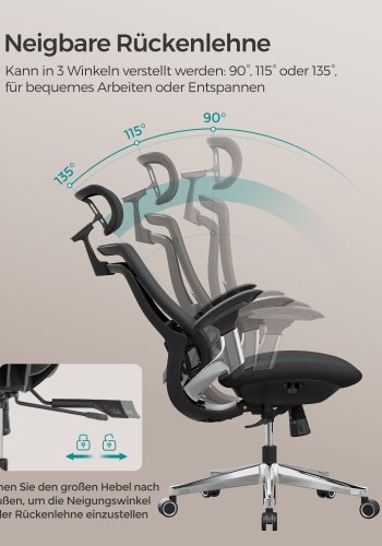 SONGMICS OBN068B01 Ergonomisk justerbar kontorsstol med justerbar lutningsfunktion - Justerbar sits fram eller bak - St&ouml;der upp till 150 kg - Bl&auml;cksvart