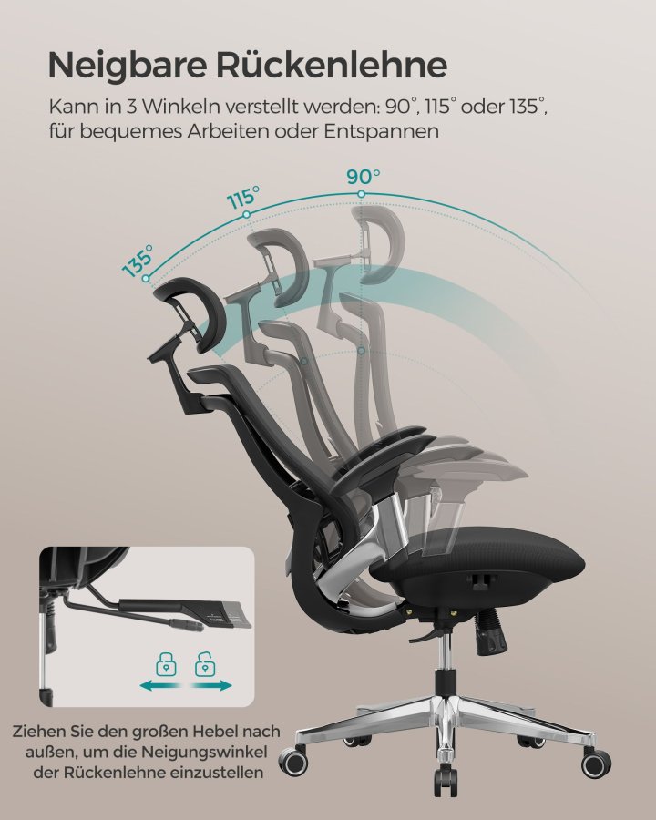 SONGMICS OBN068B01 Ergonomisk justerbar kontorsstol med justerbar lutningsfunktion - Justerbar sits fram eller bak - St&ouml;der upp till 150 kg - Bl&auml;cksvart