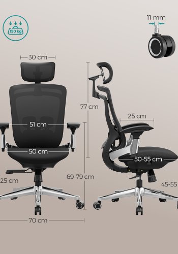 SONGMICS OBN068B01 Ergonomisk justerbar kontorsstol med justerbar lutningsfunktion - Justerbar sits fram eller bak - St&ouml;der upp till 150 kg - Bl&auml;cksvart
