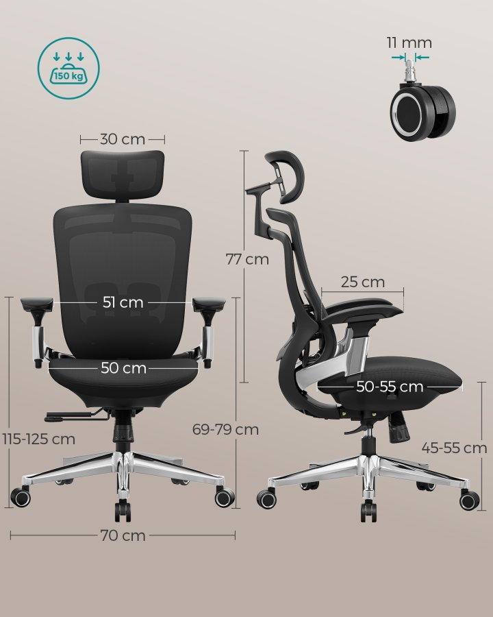 SONGMICS OBN068B01 Ergonomisk justerbar kontorsstol med justerbar lutningsfunktion - Justerbar sits fram eller bak - St&ouml;der upp till 150 kg - Bl&auml;cksvart
